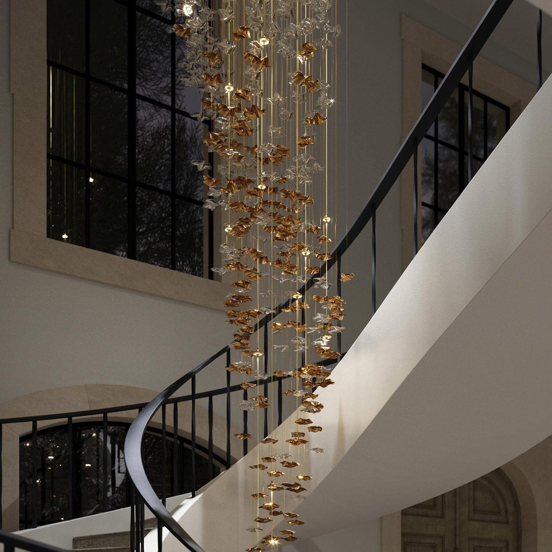 San De Chandelier, Modern Square Glass Spiral Long Pendant Chandelier